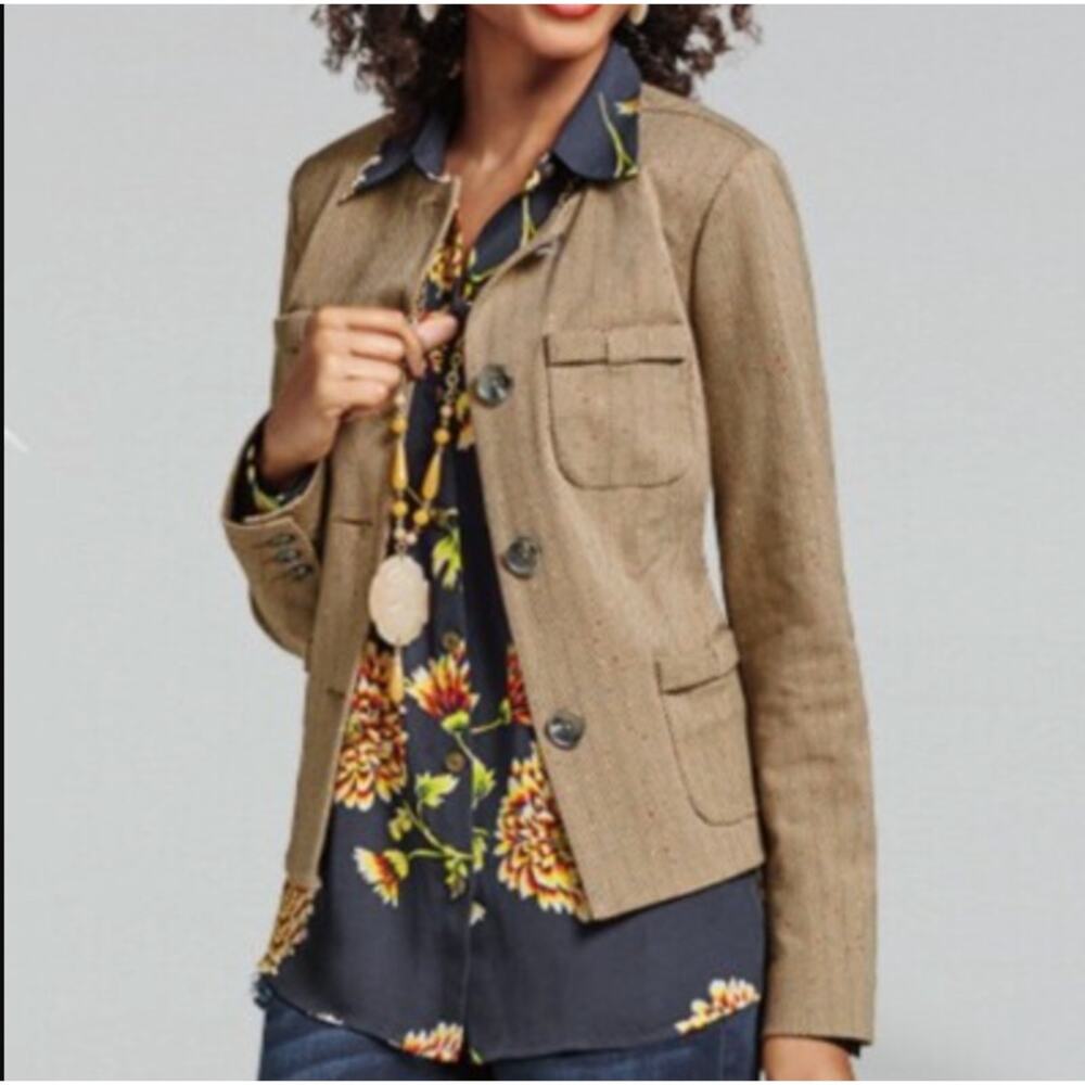 CAbi Penny Blazer Womens Size Medium Brown Herringbone Fleck Button Front Jacket